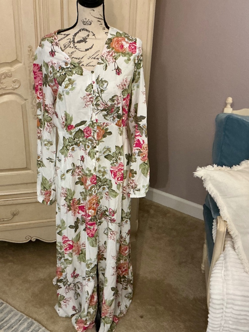 Laurie Felt White Floral Long Sleeve Button Front Maxi Dress Size 6